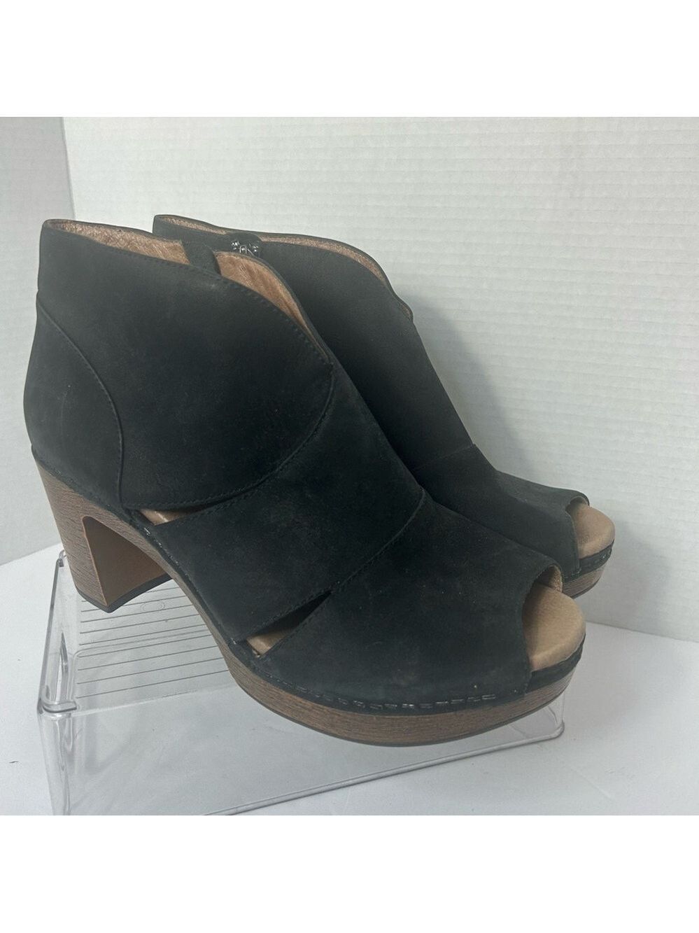NEW Dansko Delphina Leather Ankle Bootie Black Suede Peep Toe Hippie Boho